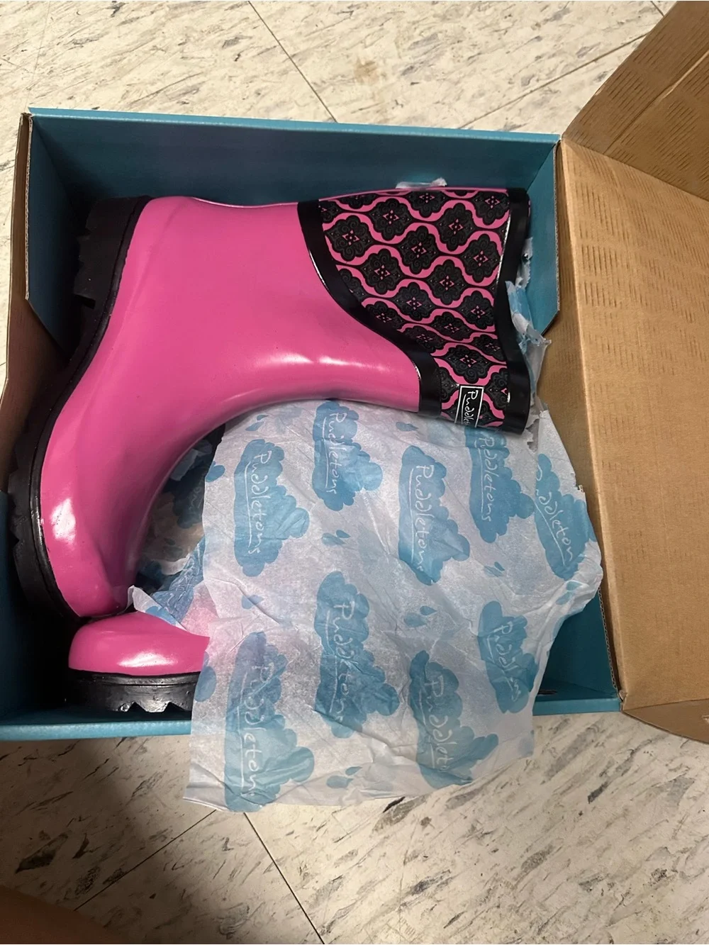 Kids Waterproof Pink Patterned Rain Boots with Black Accents